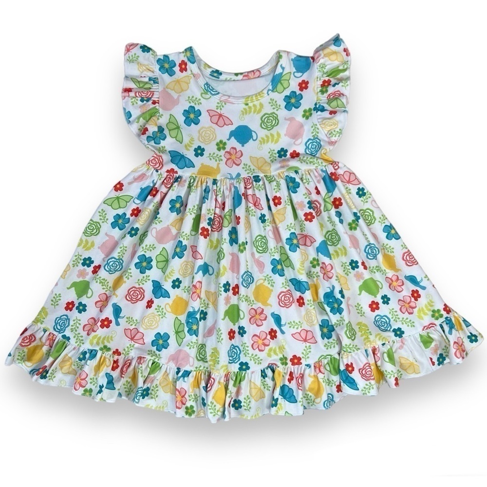 Boutique Floral A-Line Dress Girls 3T/4T Ruffles Teapots Butterflies‎ Birds